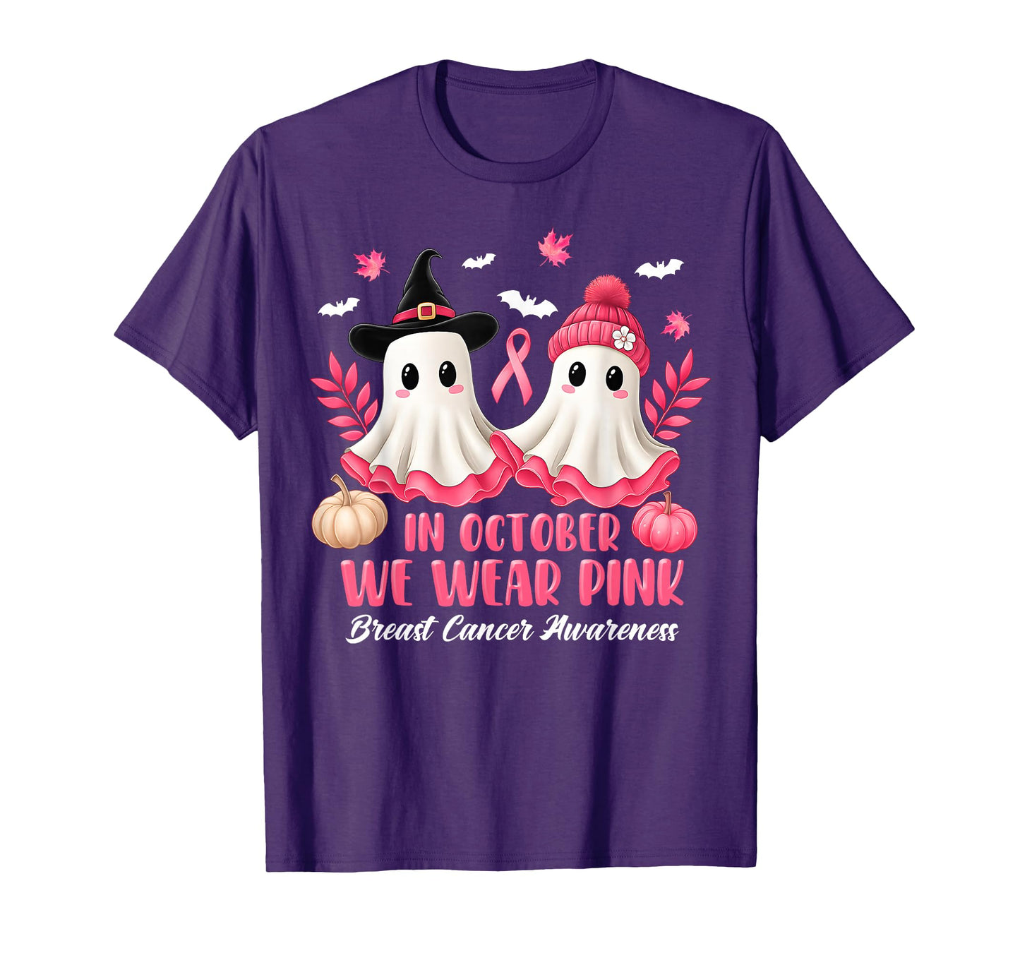 in October We Wear Pink Ghost Witch Breast Cancer Awareness T-Shirt