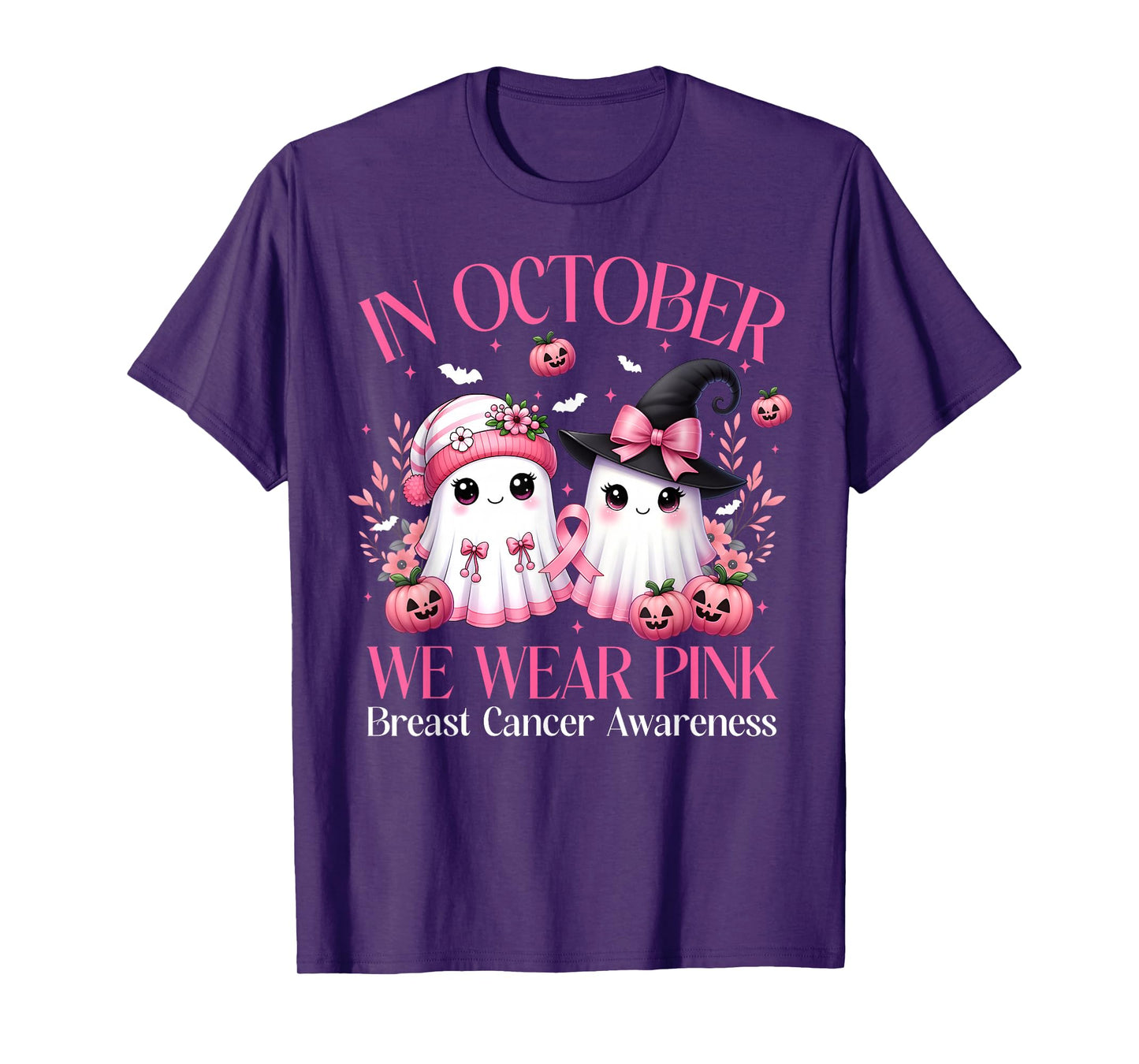 in October We Wear Pink Ghost Witch Breast Cancer Awareness T-Shirt