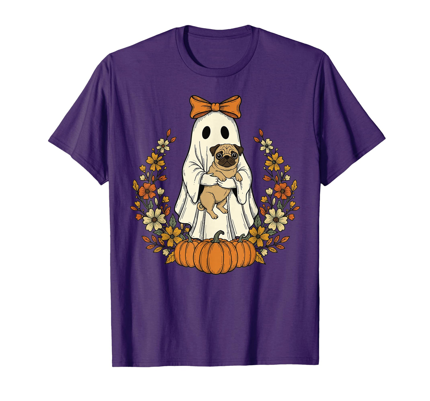 Halloween Pug Ghost Pumpkin Fall Retro Vintage Cute T-Shirt