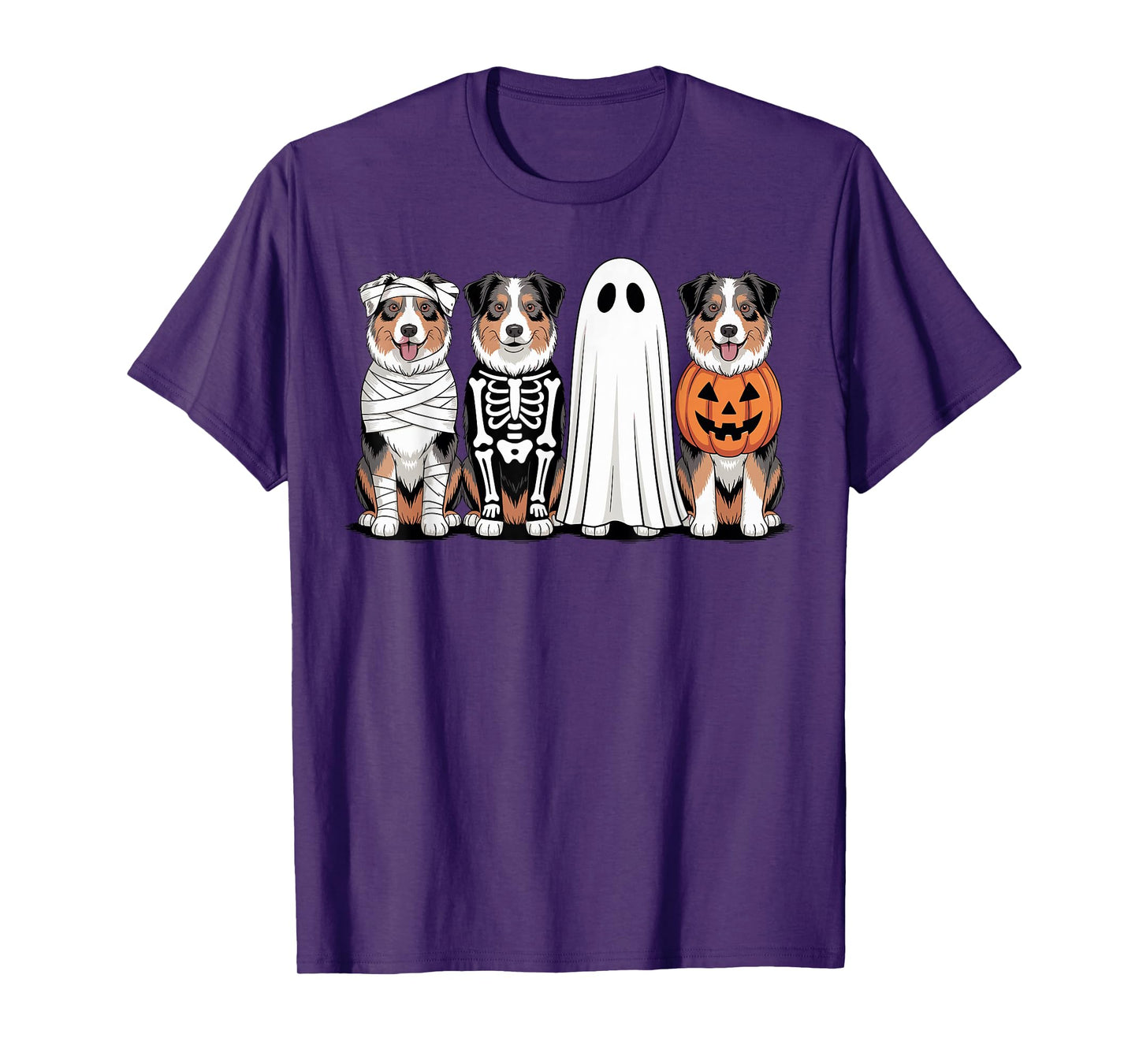 Spooky Ghost Australian Shepherd Pumpkin Halloween Skeleton T-Shirt