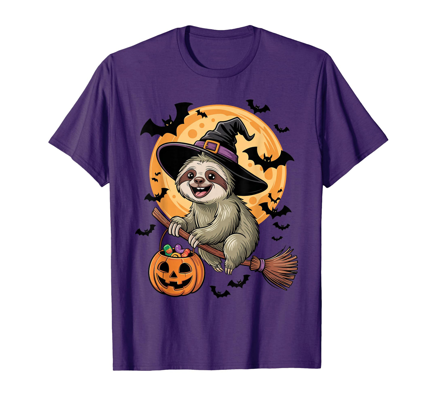 Sloth in Witch Hat on a Broom Halloween Spooky Costume T-Shirt