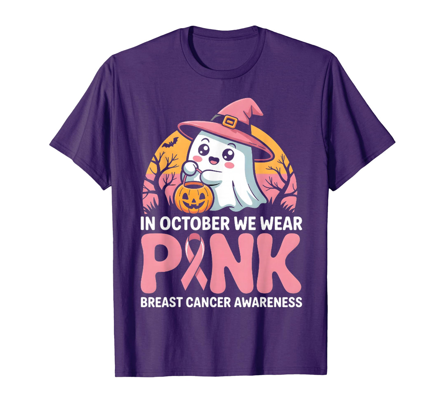 in October We Wear Pink Ghost Witch Breast Cancer Awareness T-Shirt