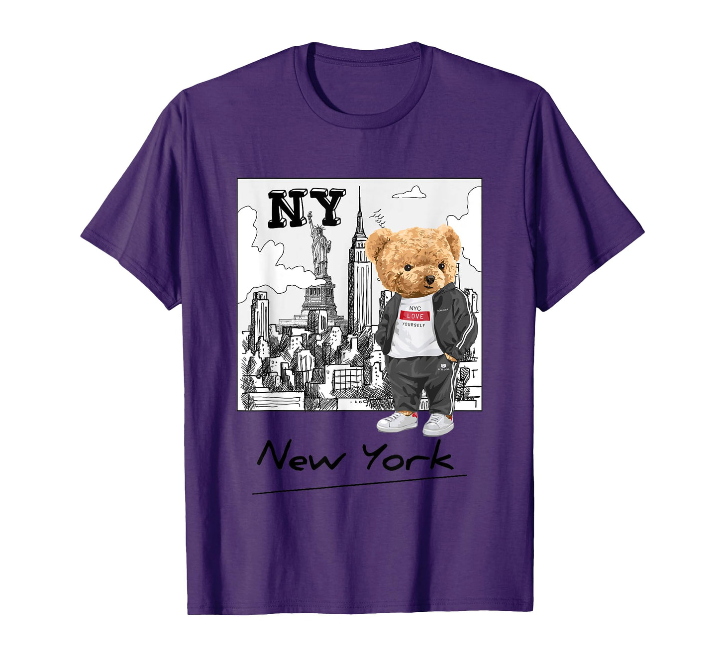 Bahaa's Tee Unisex-Kids Graphic T-Shirt Black Small Classic Fit Crew Neck Short Sleeve Summer Graphic Teddy Bear NYC Design