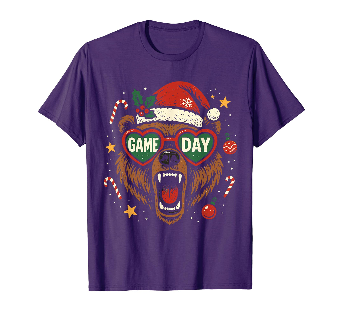Christmas Game Day Bear Santa Hat Funny Holiday Football T-Shirt