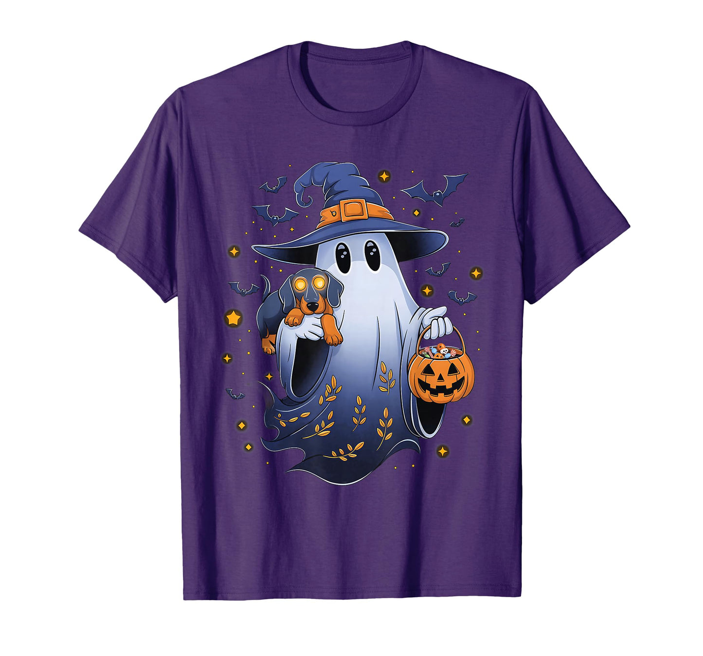 Ghost Witch Holding Dachshund Dog Pumpkins Vintage Halloween T-Shirt