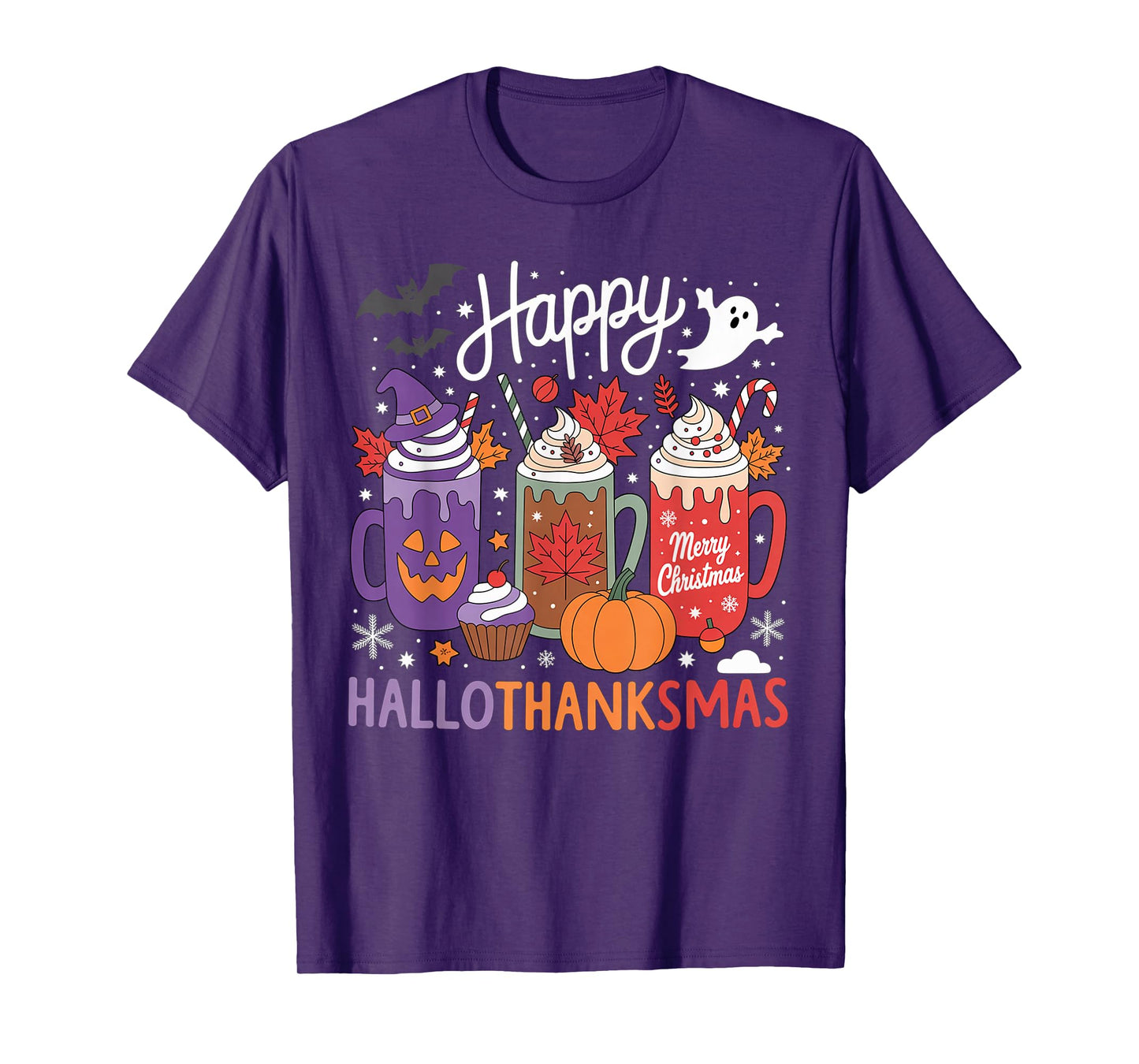 Happy Hallothanksmas Coffee Lover Halloween Merry Christmas T-Shirt
