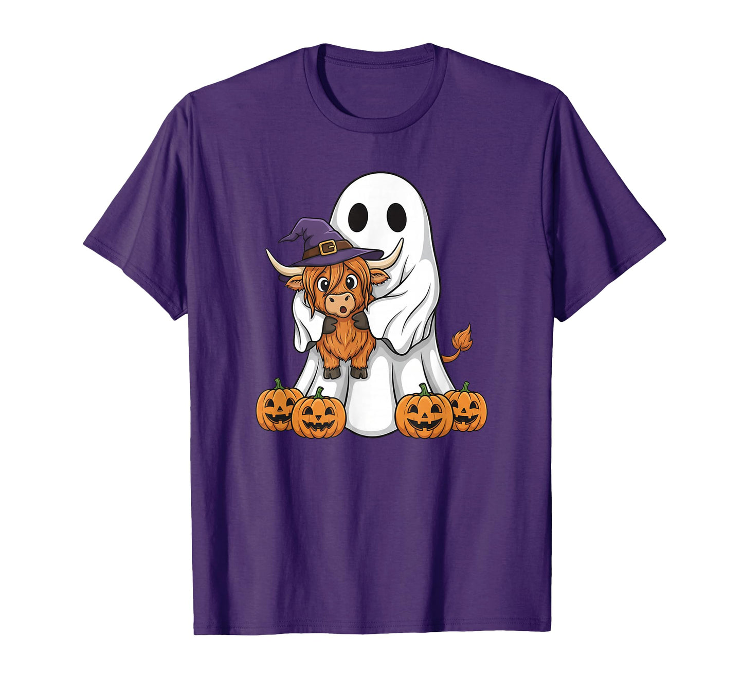 Funny Ghost Highland Cow Pumpkin Halloween Kids Mens Womens T-Shirt