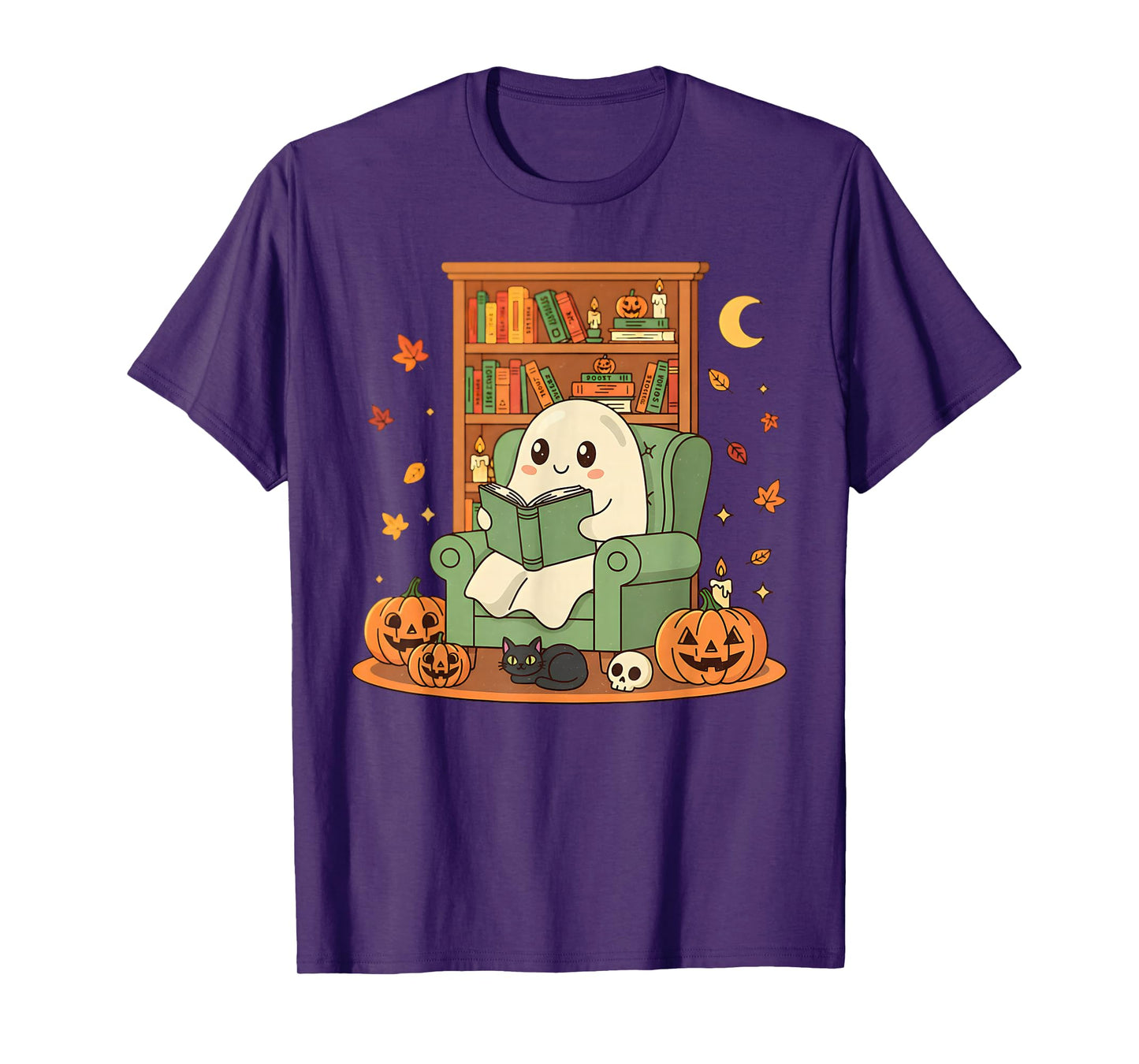 Ghost Library Reading Books Halloween Men Women Kids T-Shirt