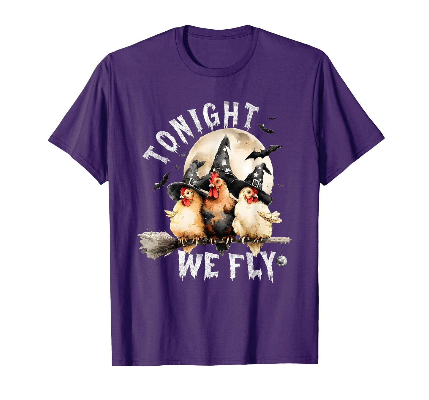 Tonight We Fly Halloween, Retro Chicken Witches Hat Broom T-Shirt