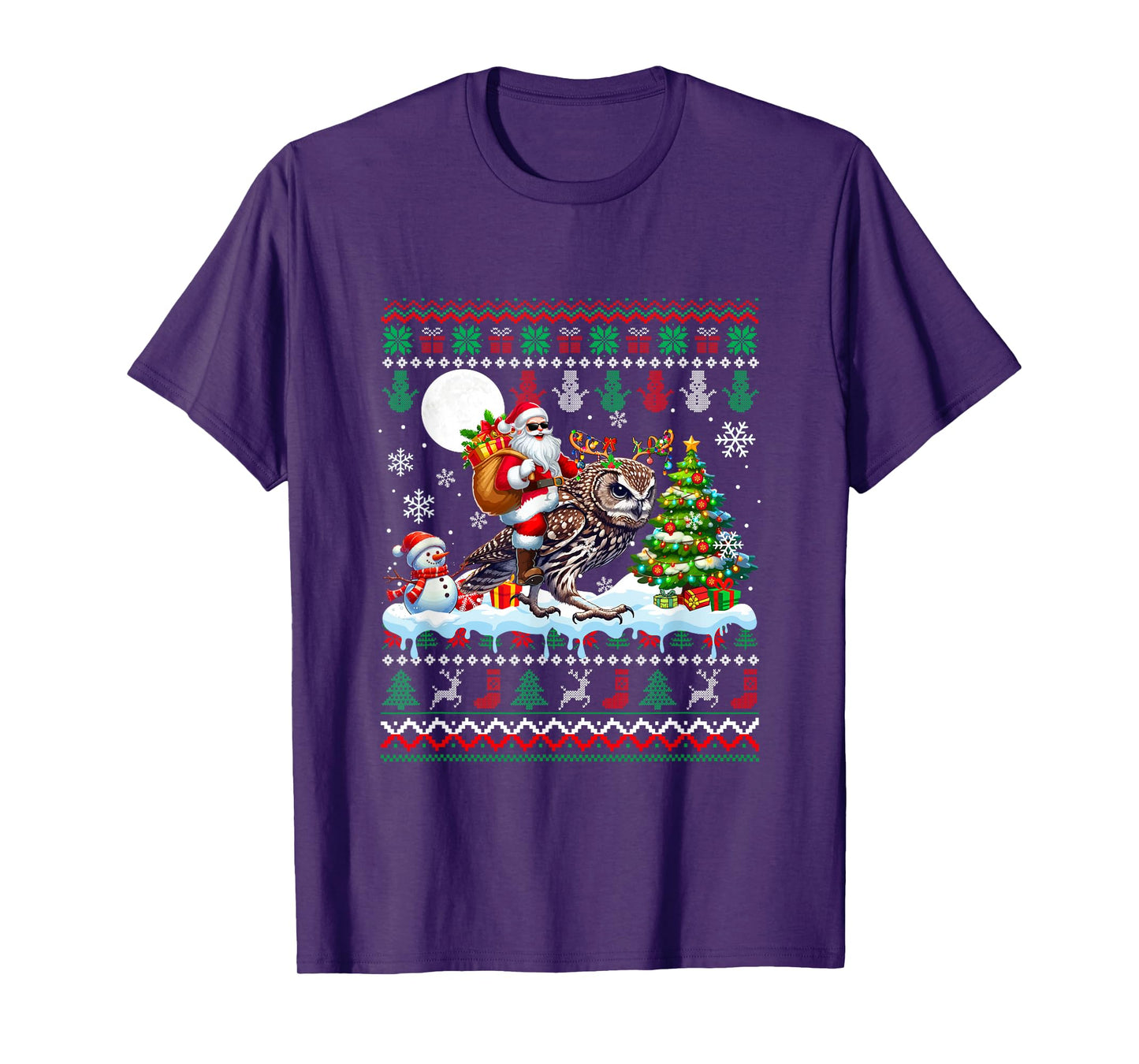 Santa Riding Reindeer Owl Sweater Xmas Tree Snowman T-Shirt