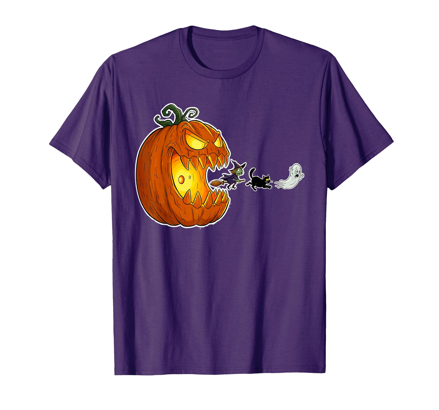 Halloween Jack O Pumpkin Chasing Ghost Cat Broomstick Chick T-Shirt