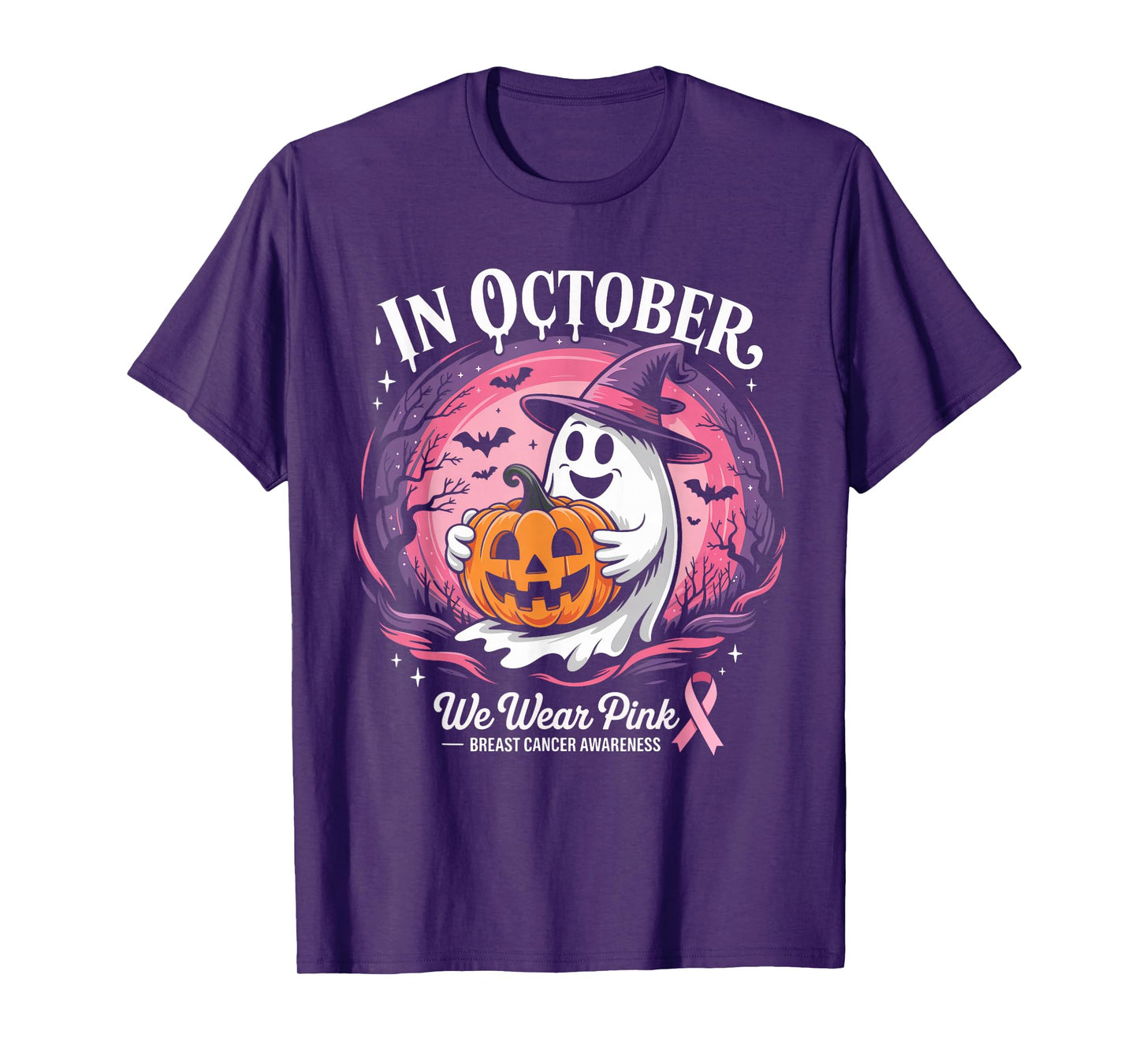 in October We Wear Pink Ghost Breast Cancer Awareness T-Shirt