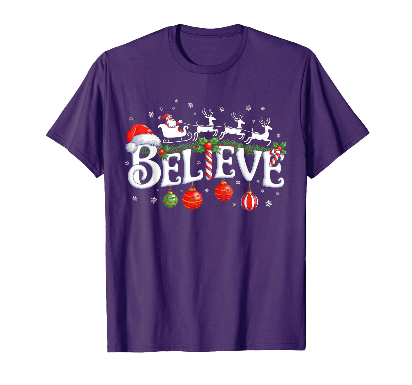 Believe Christmas Santa Claus Reindeer Candy Cane Xmas Vibes T-Shirt