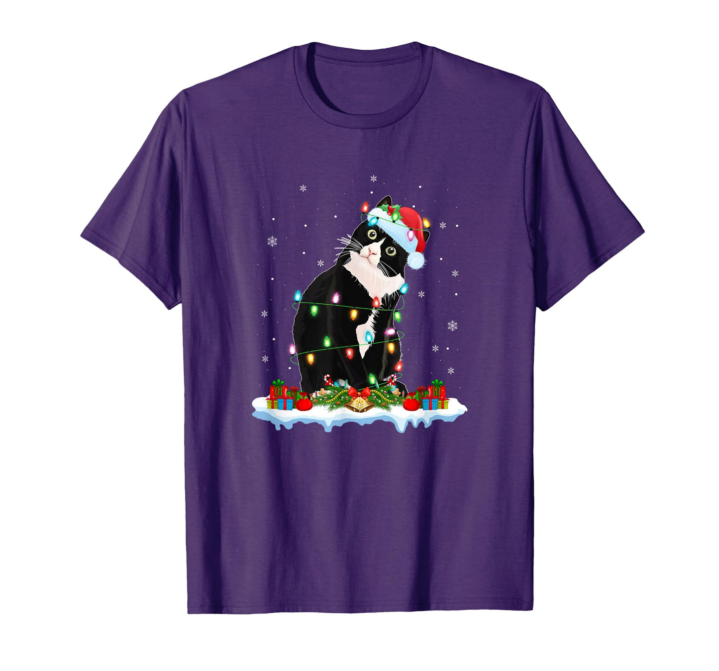 Black Cat Christmas Lights Funny Santa Hat Black Cat Xmas T-Shirt