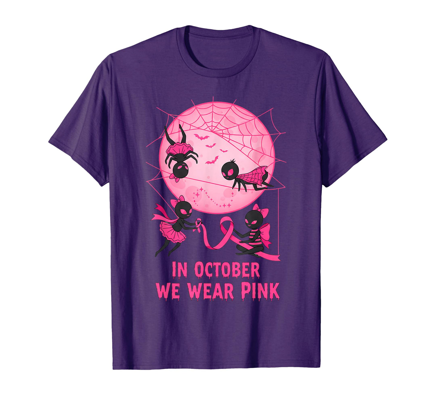October We Wear Pink Spider Witch Halloween Breast Cancer T-Shirt