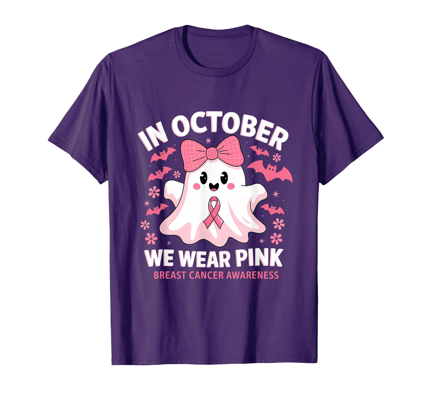 in October We Wear Pink Ghost Witch Breast Cancer Awareness T-Shirt
