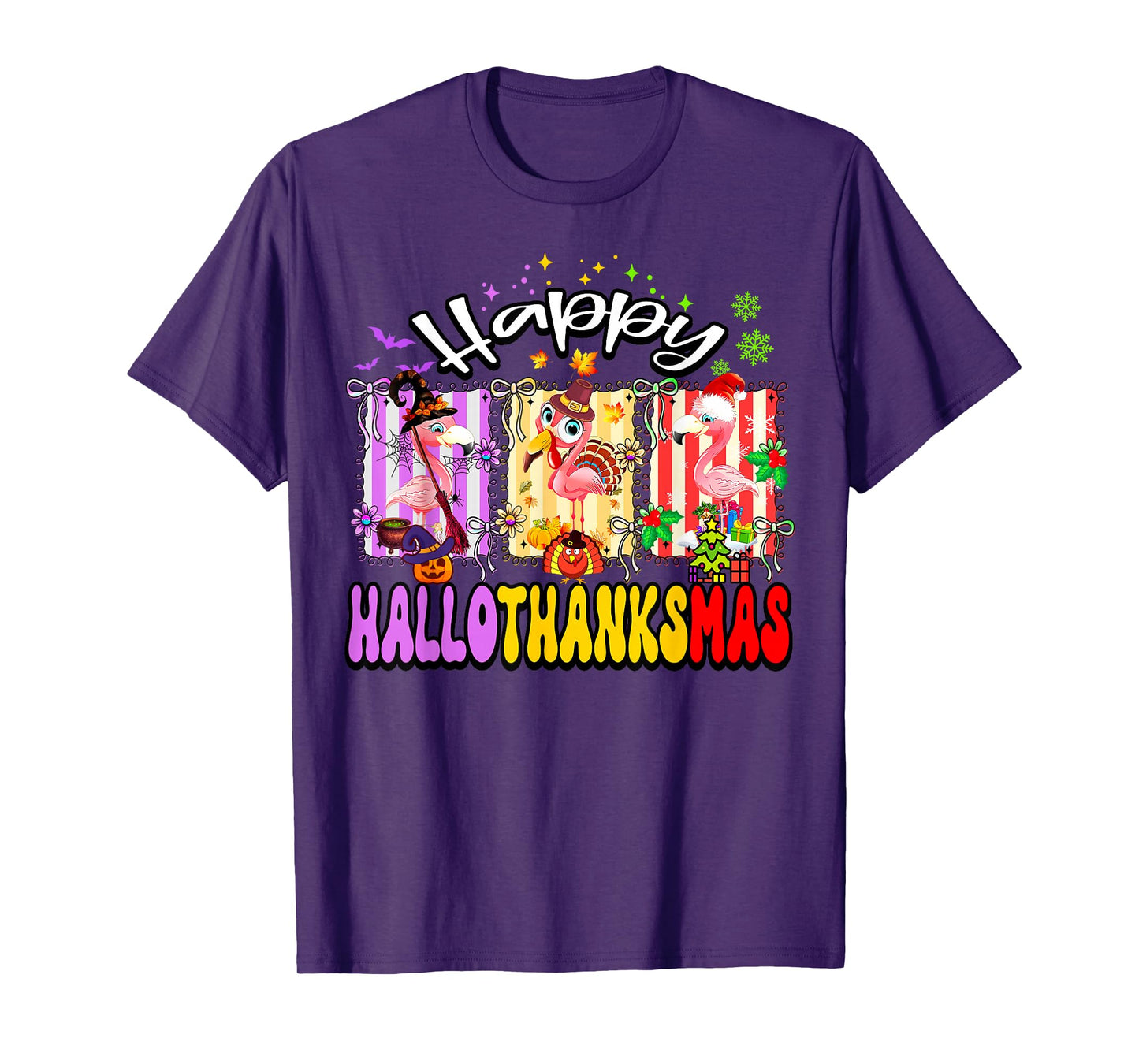 Hallothanksmas Flamingo Halloween Thanksgiving Christmas T-Shirt