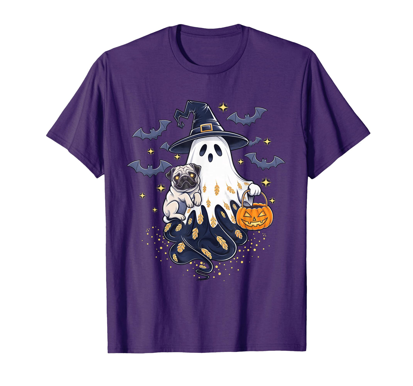 Funny Ghost Witch Holding Pug Pumpkins Vintage Halloween T-Shirt