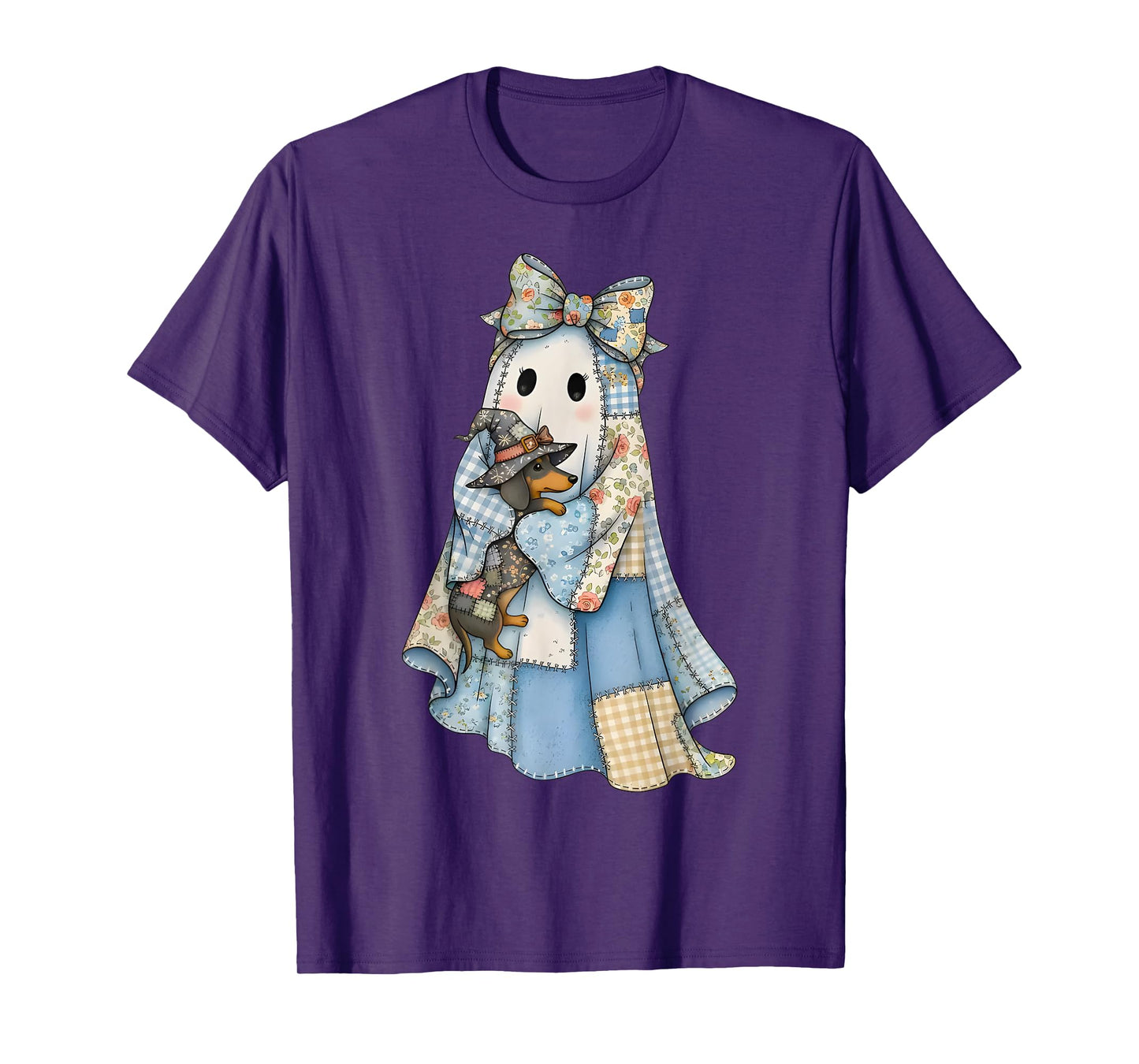 Retro Halloween Blue Denim Ghost Dachshund Funny T-Shirt