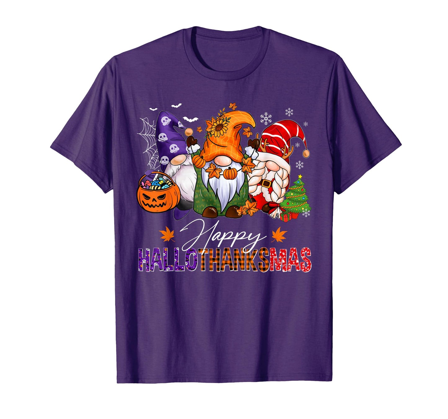 HalloThanksMas Gnomes Halloween Thanksgiving Christmas Happy T-Shirt
