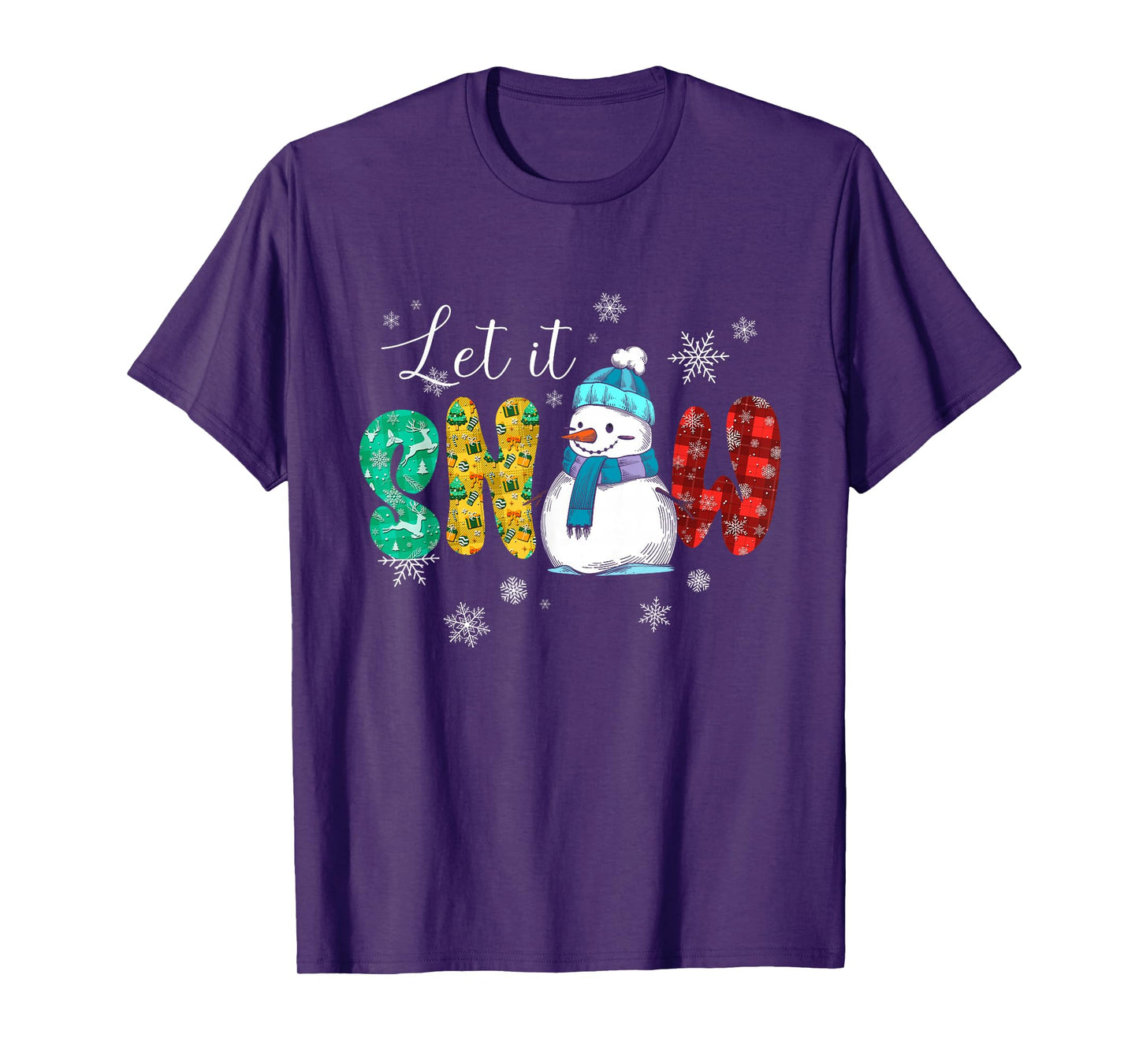 Let Snow Snowman Christmas Buffalo Plaid Santa Snowflakes T-Shirt