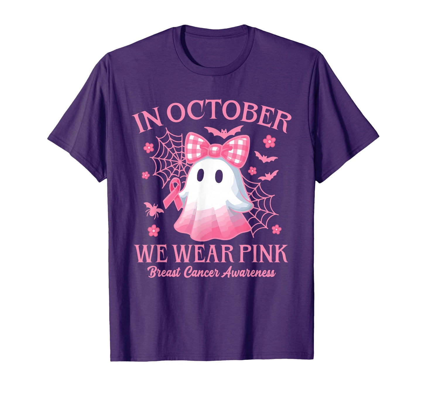 in October We Wear Pink Ghost Witch Breast Cancer Awareness T-Shirt