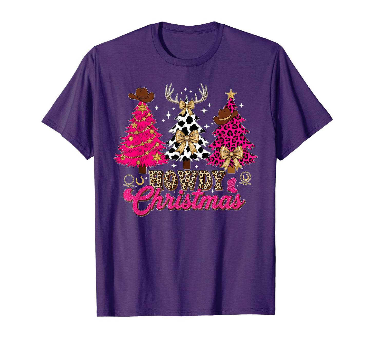 Howdy Christmas Pink Leopard Cow-Print Tree Coquette Cowgirl T-Shirt