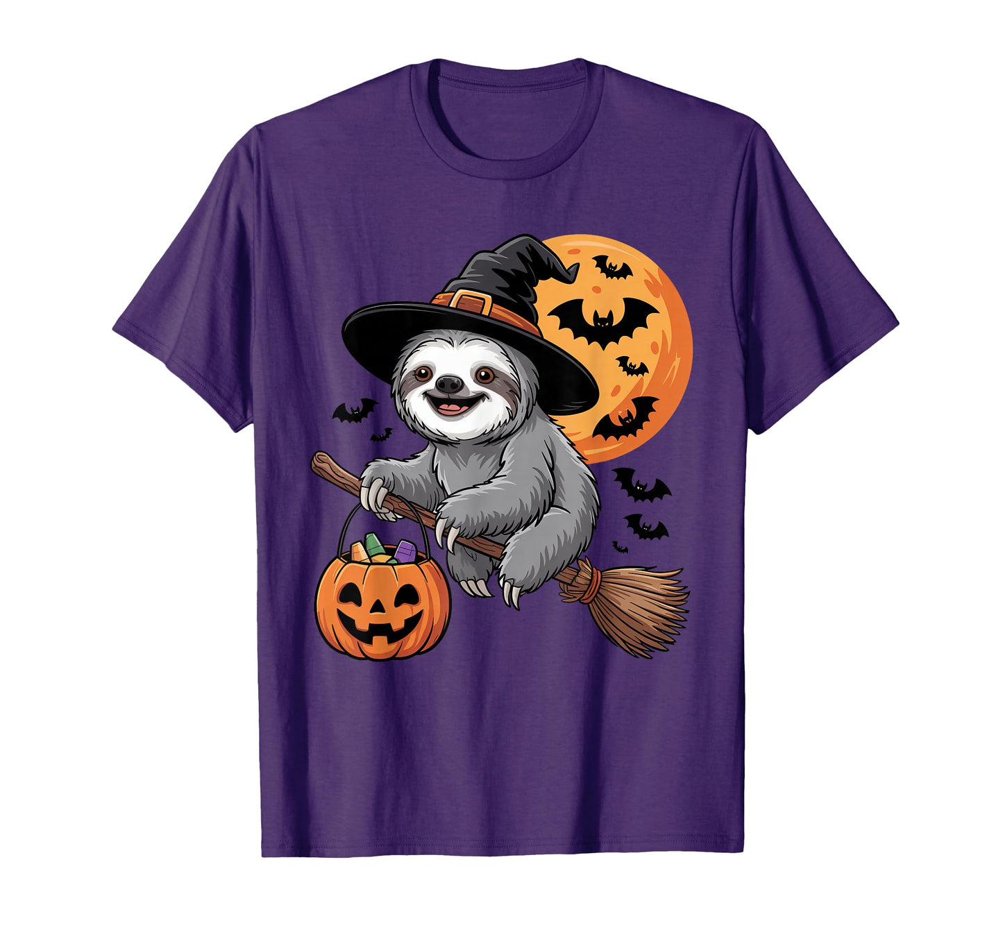 Halloween Sloth Witch Hat and Broom Pumpkin Candy Bucket T-Shirt