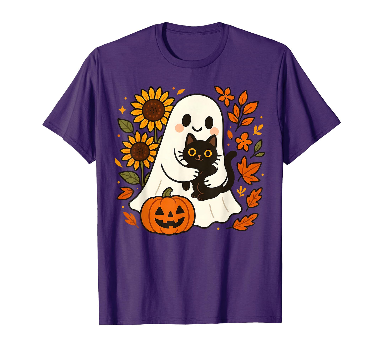 Vintage Halloween Ghost Holding Black Cat Groovy Floral T-Shirt