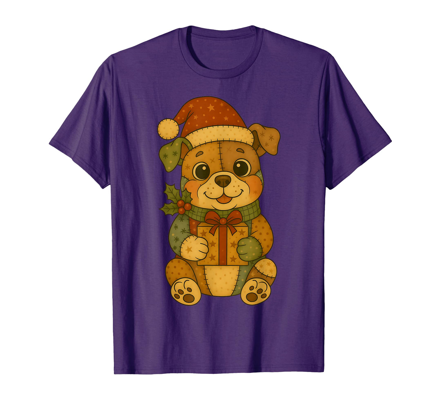 Patchwork Bulldog Dog in Santa Hat for Christmas T-Shirt