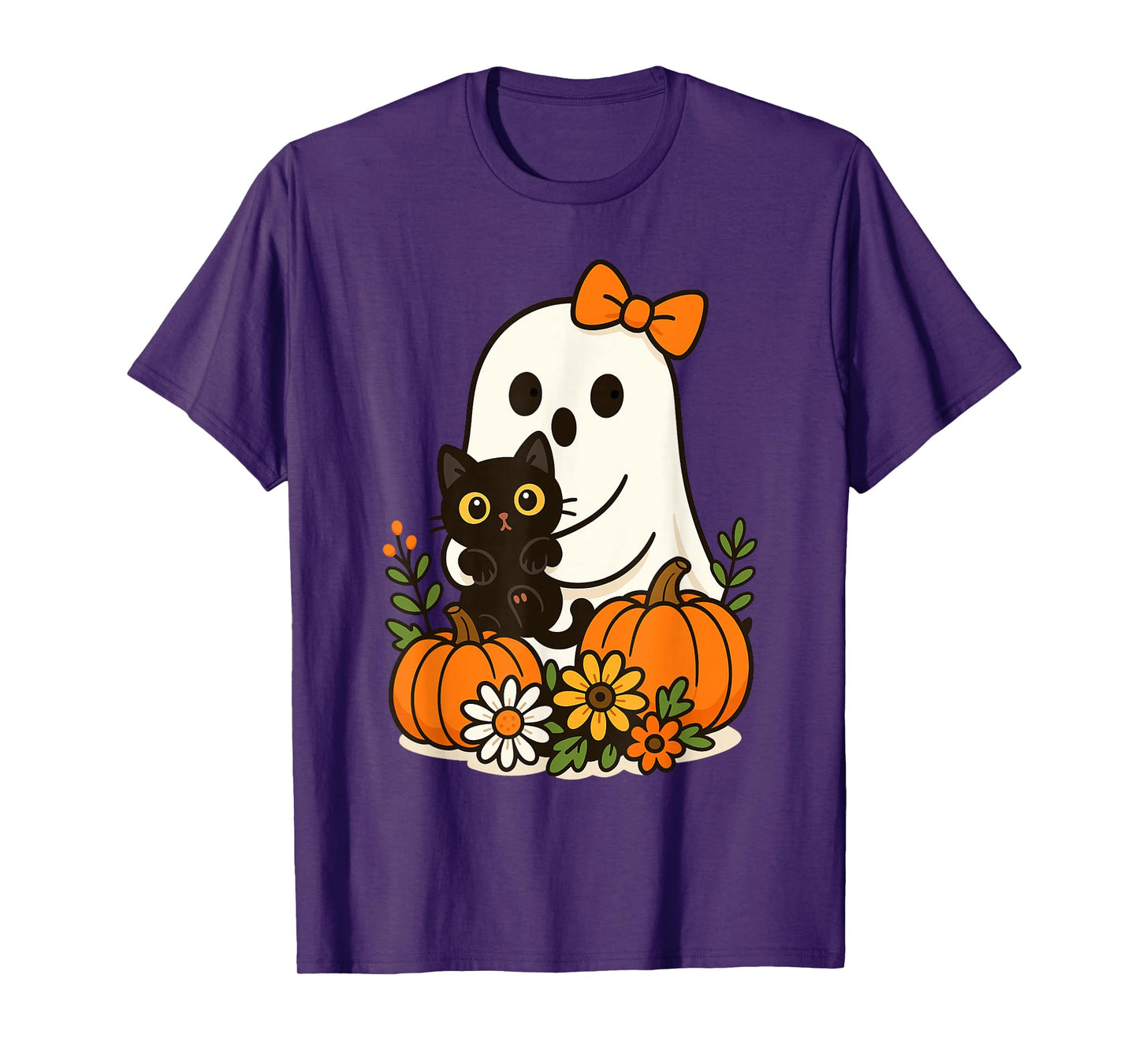 Cute Ghost Holding Black Cat Groovy Floral Halloween T-Shirt