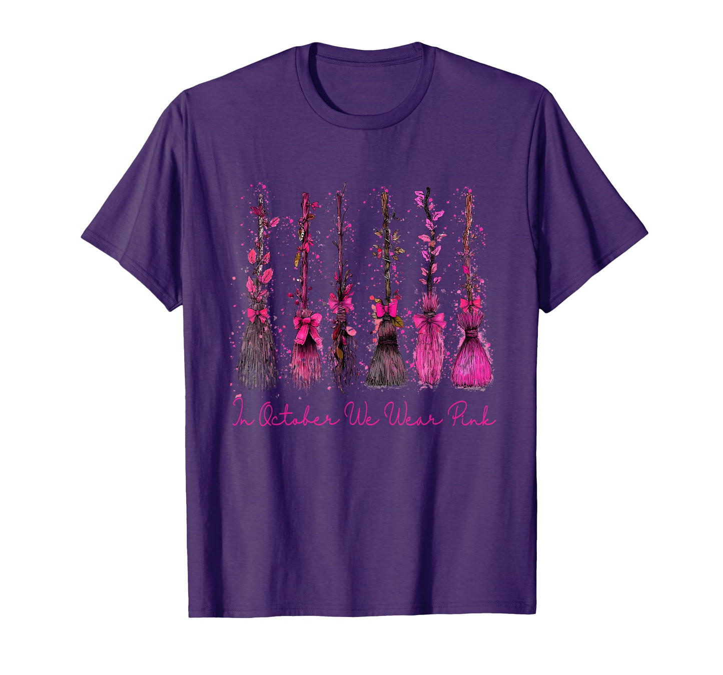 in October We Wear Pink Witch Stick Breast Cancer Awareness T-Shirt