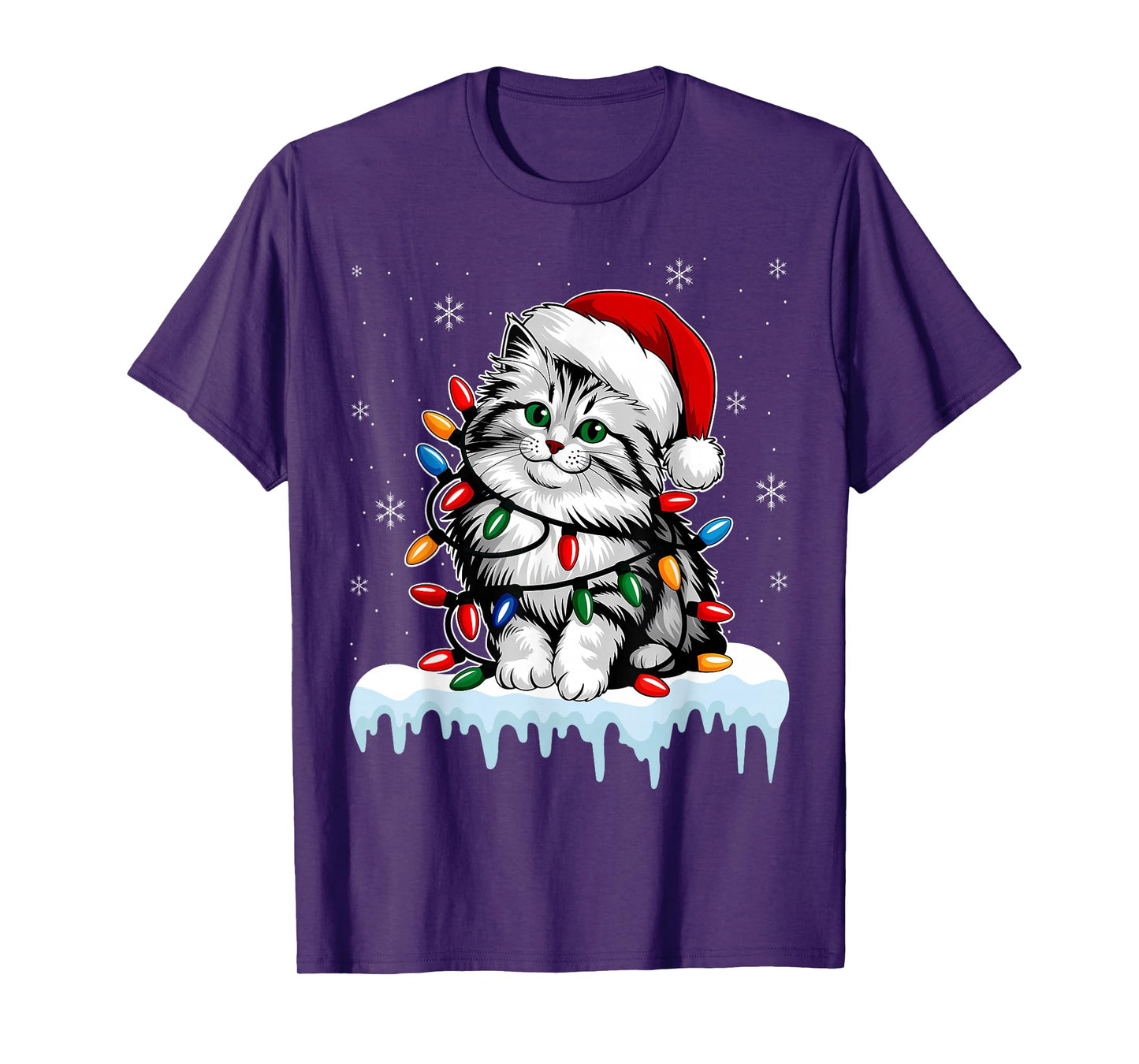 Siberian Cat Christmas Lights Xmas Lover Santa Hat Men T-Shirt