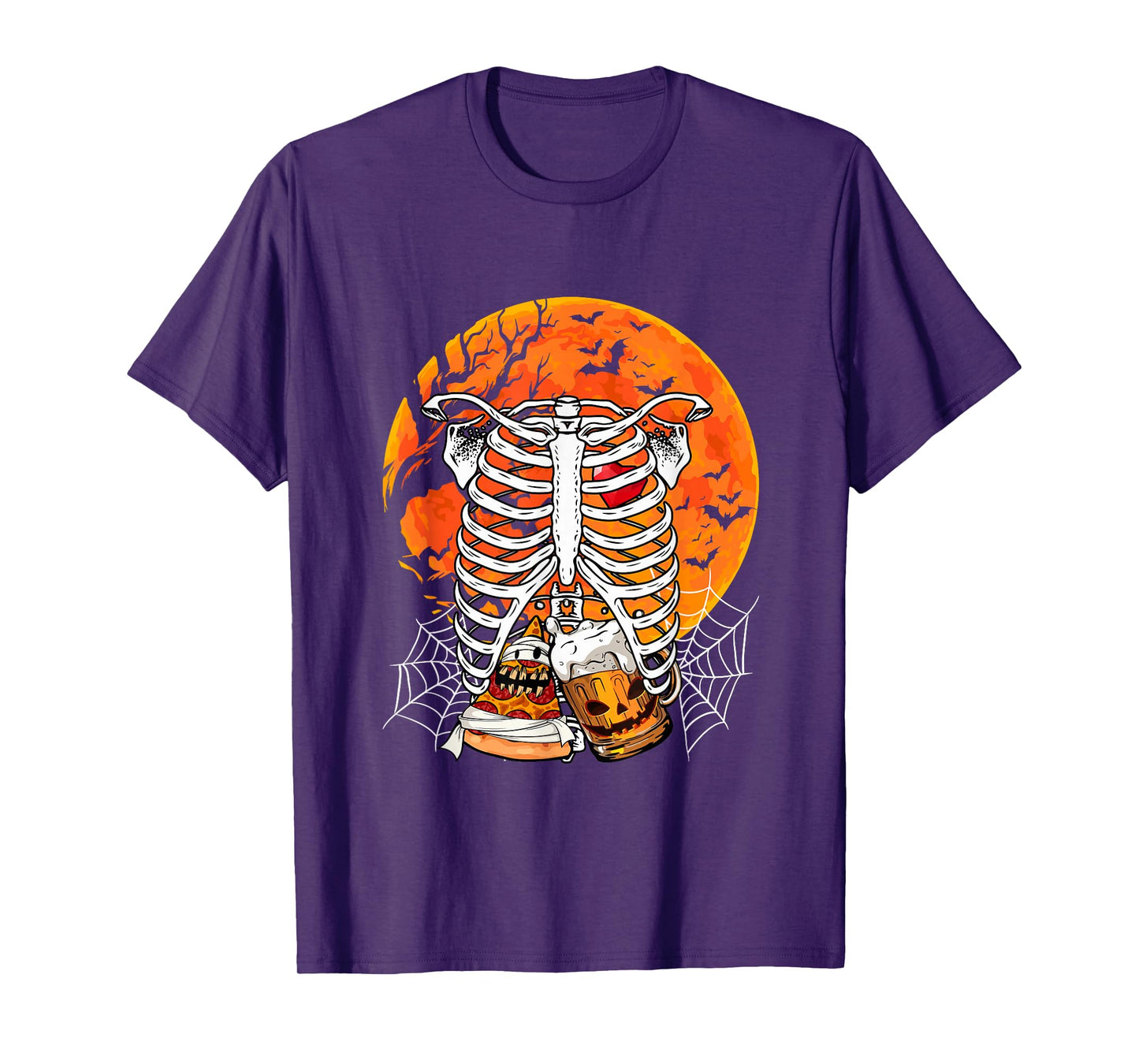 Horror Beer Pizza Inside Rib Cage X-ray Skeleton Halloween T-Shirt