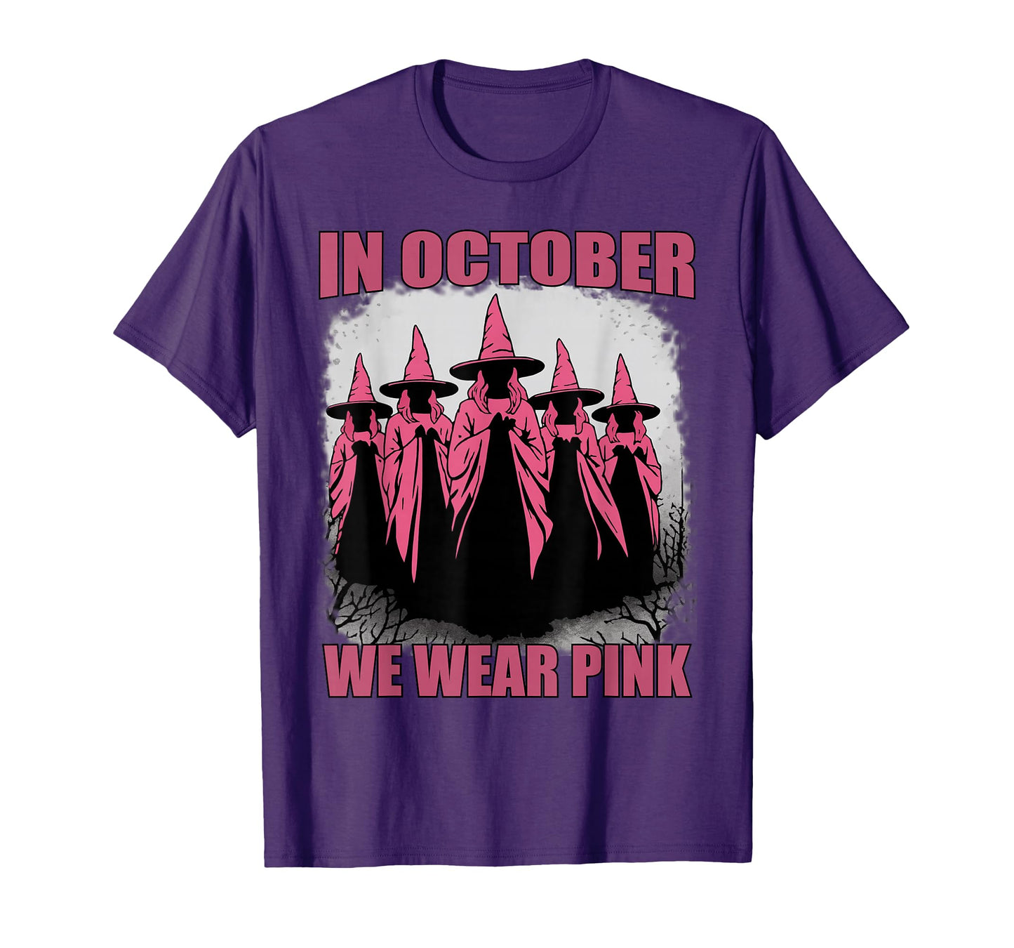 in October We Wear Pink Witch Halloween Breast Cancer T-Shirt