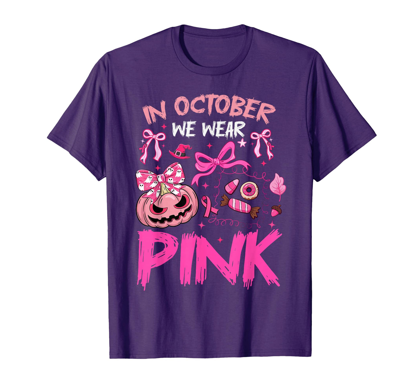 in October We Wear Pink Breast Cancer Halloween Pumpkin Bow T-Shirt