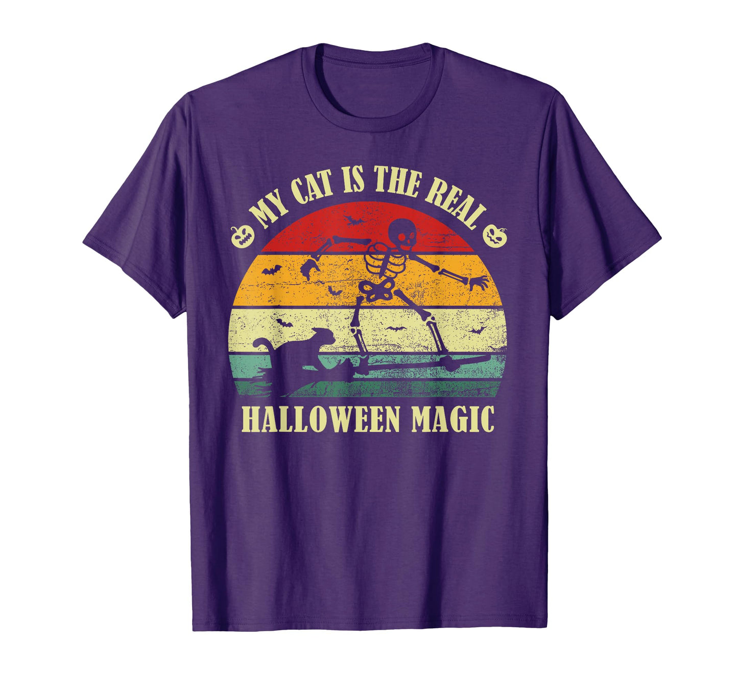 Vintage My cat is The Real Halloween Magic Skeleton Broom T-Shirt