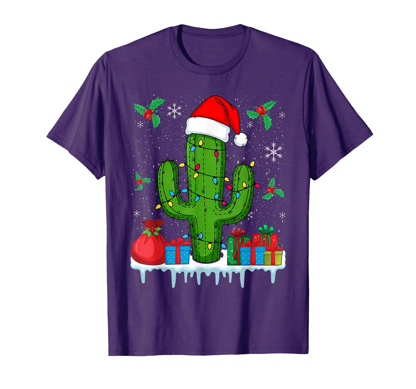 Funny Cactus Rocking Christmas with Santa Hat and Lights T-Shirt
