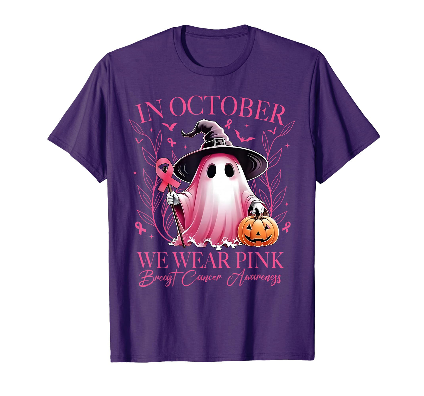 in October We Wear Pink Ghost Witch Breast Cancer Awareness T-Shirt