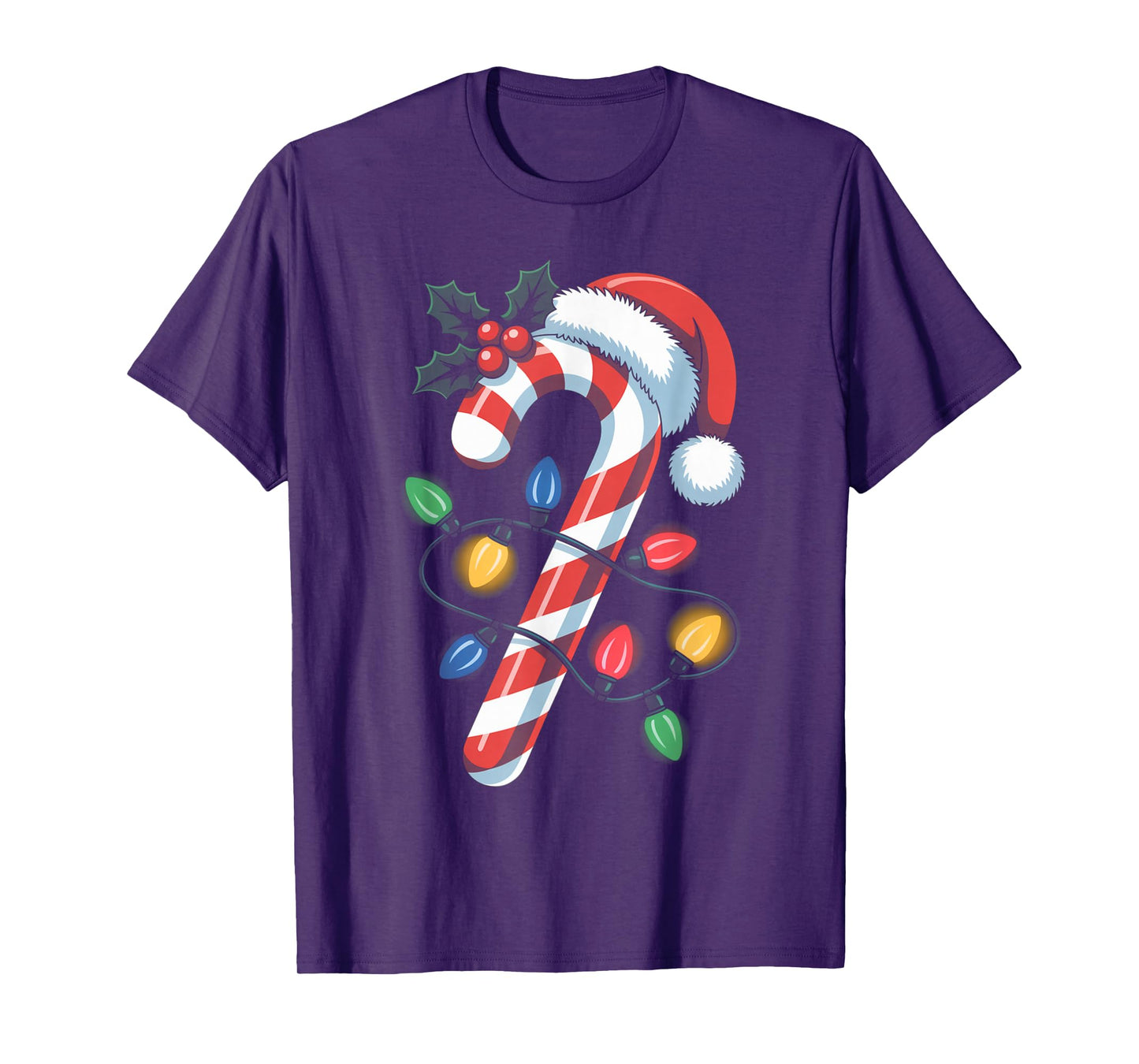 Christmas Candy Cane Santa Hat Festive Holiday Lights T-Shirt