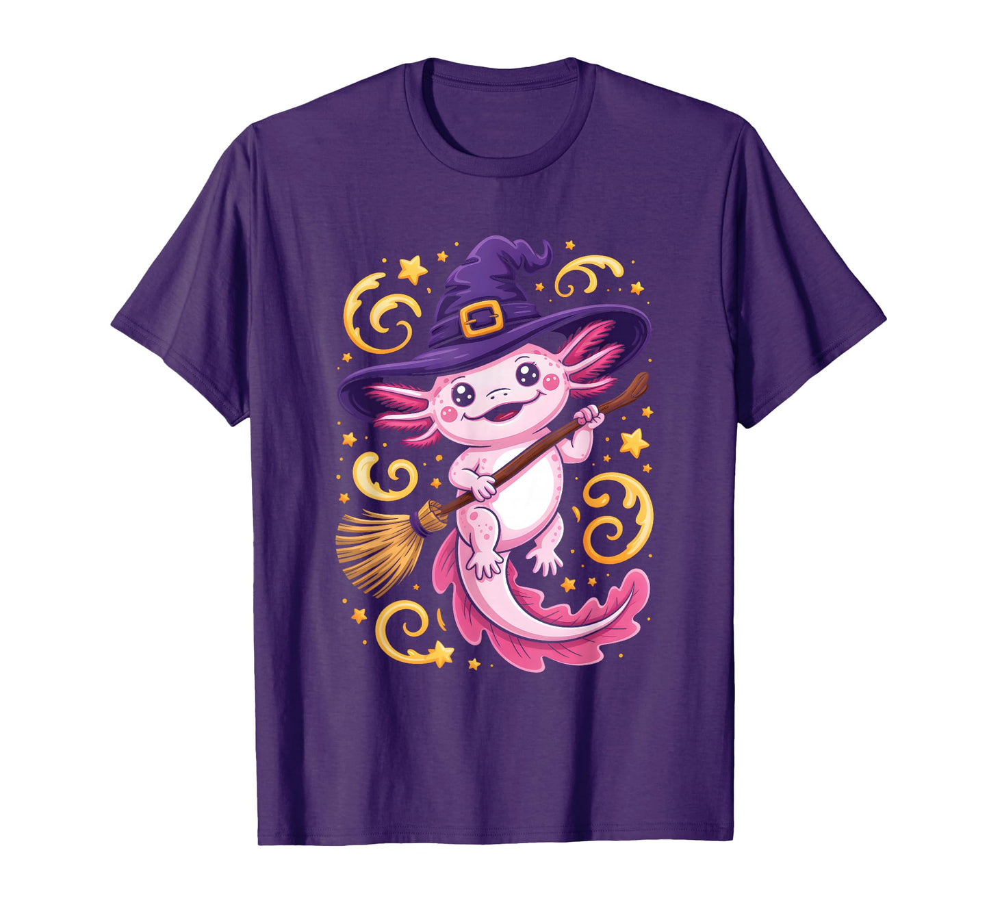 Pink Axolotl Witch Riding Broomstick Stars Swirls Halloween T-Shirt