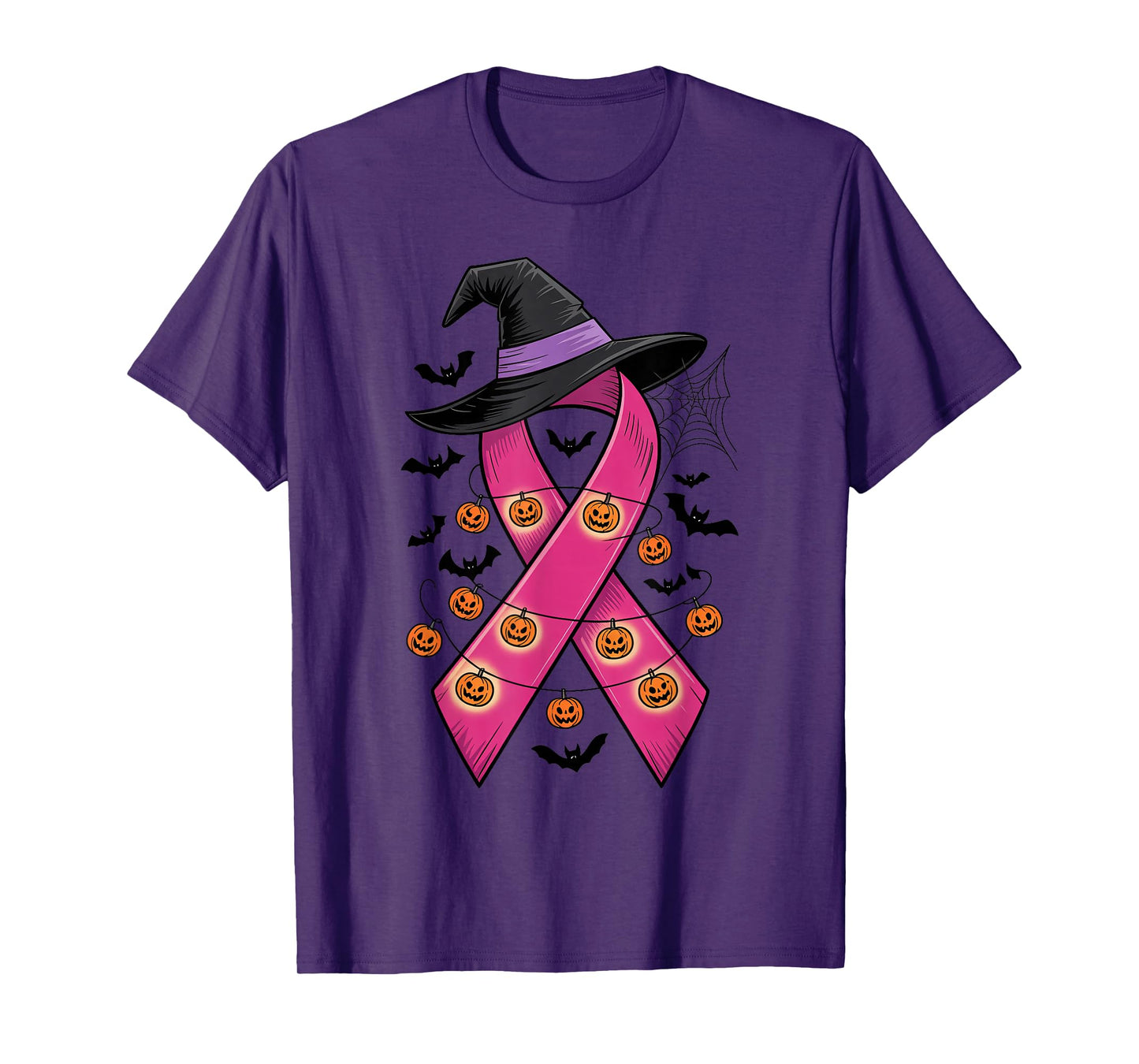 Breast Cancer Warrior Halloween Pink Ribbon Witch Hat Bats T-Shirt