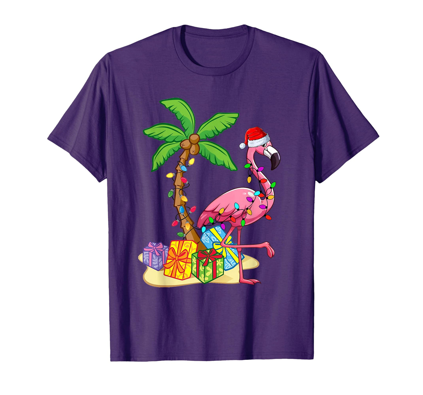 Flamingo Santa Hat Palm Tree Merry Christmas Lights T-Shirt