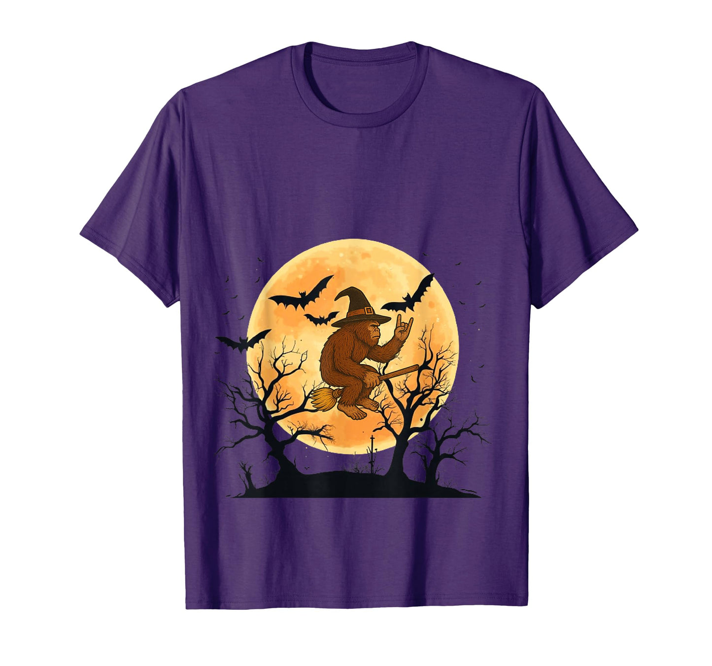 Bigfoot Witch Riding Broom Halloween Costume Funny Bigfoot T-Shirt