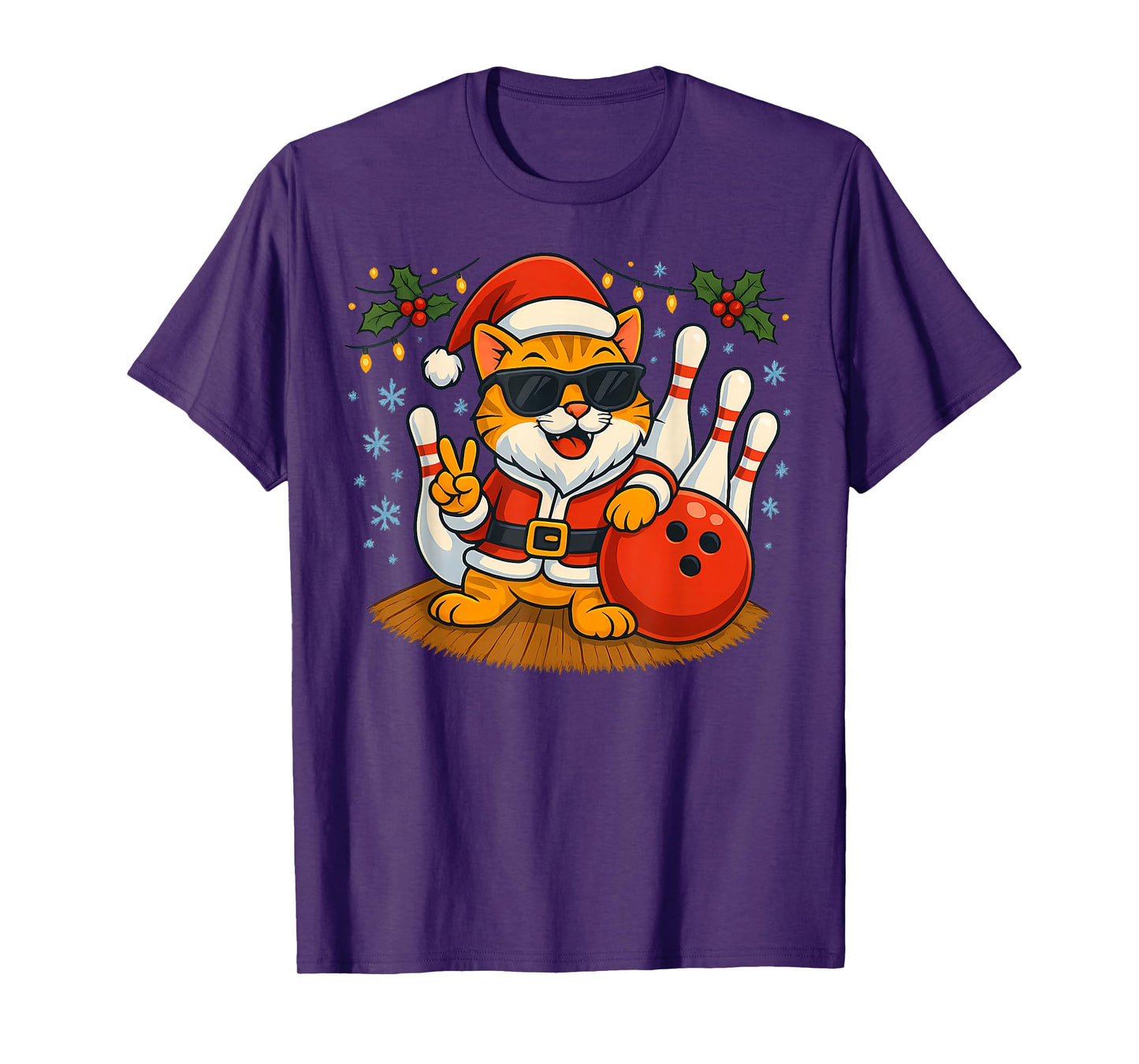 Santa Cat Bowling Christmas Funny Holiday Vibes Men Women T-Shirt