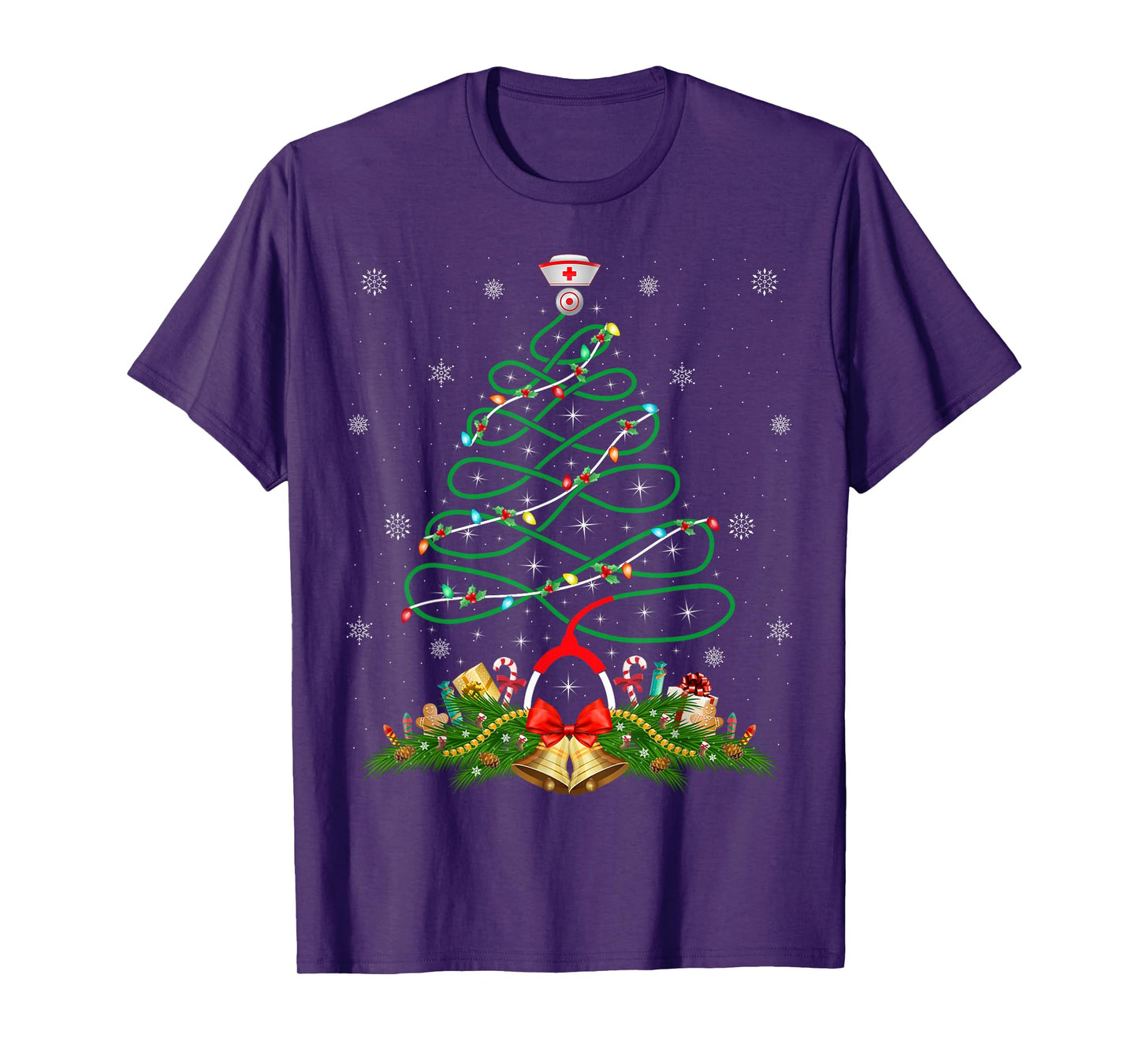 Nurse Christmas Scrub Tops Nursing Stethoscope Xmas Tree T-Shirt