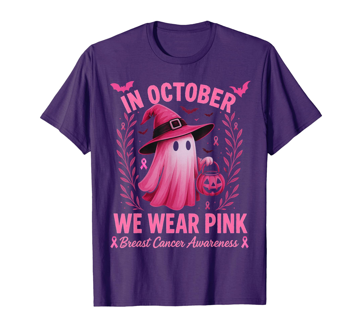 in October We Wear Pink Ghost Witch Breast Cancer Awareness T-Shirt