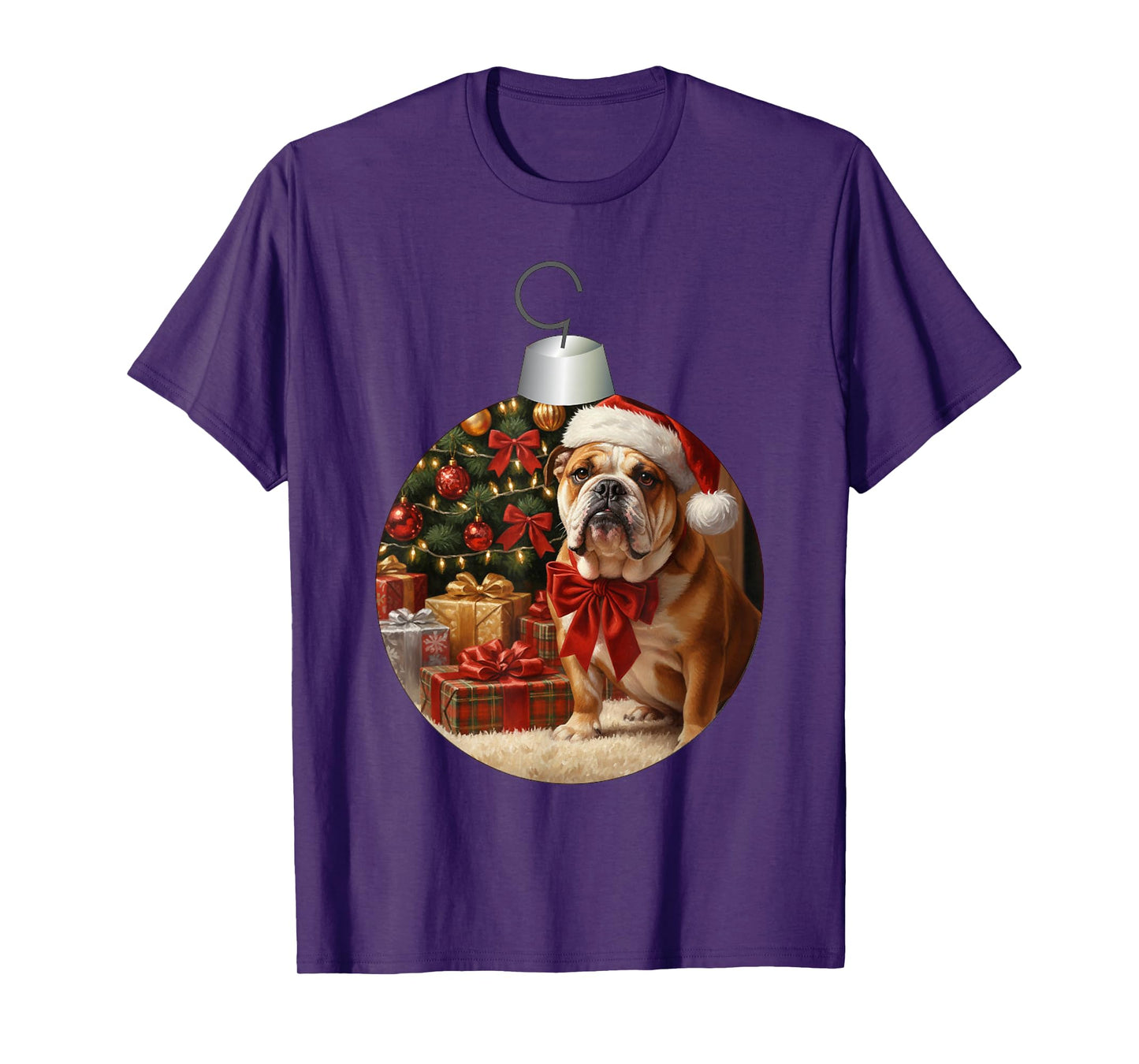 English Bulldog Dog Christmas Tree Ornament Santa Bow Cute T-Shirt