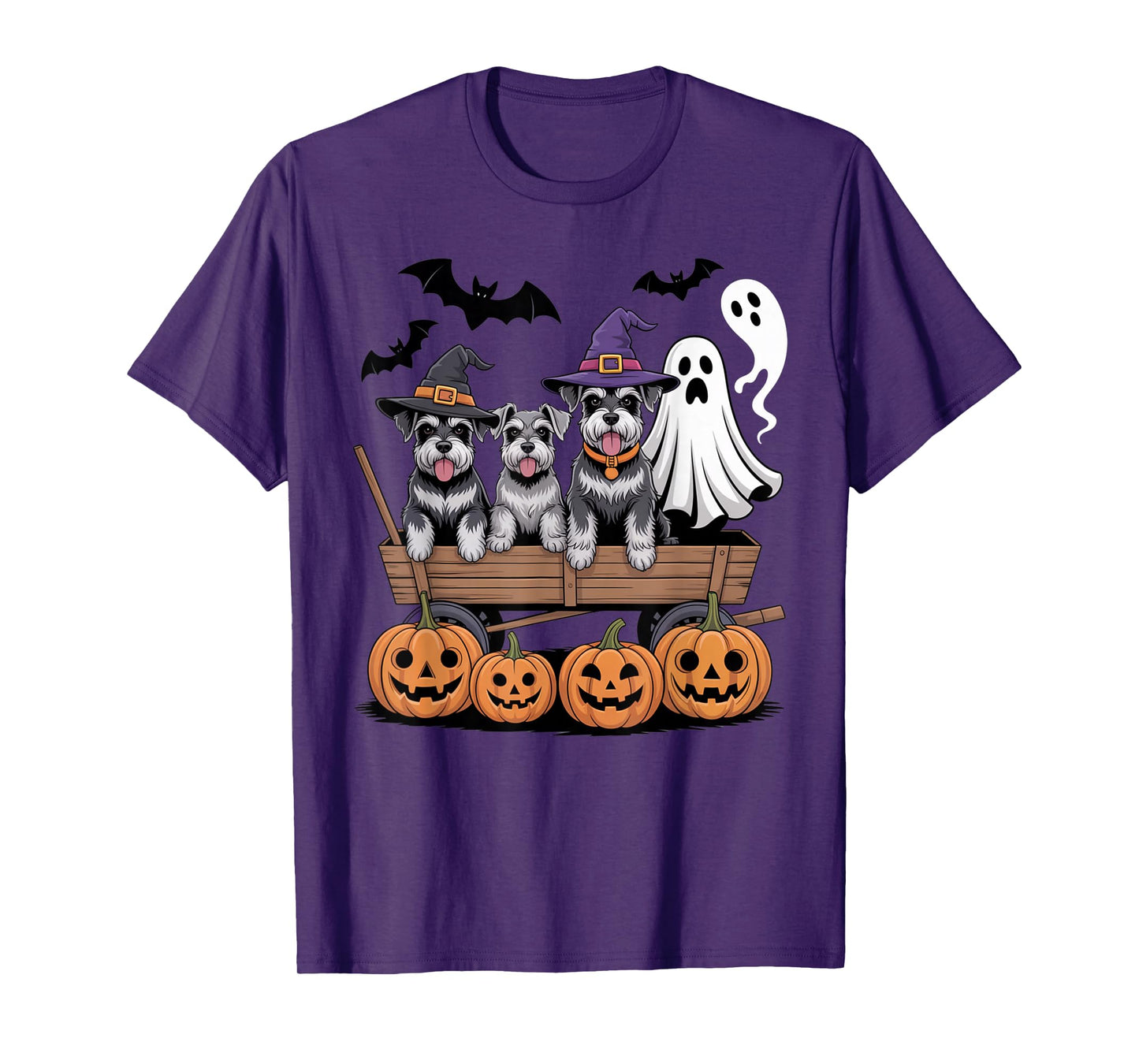 Schnauzer Halloween Wagon Ghost Witch Hats Bats Pumpkins T-Shirt