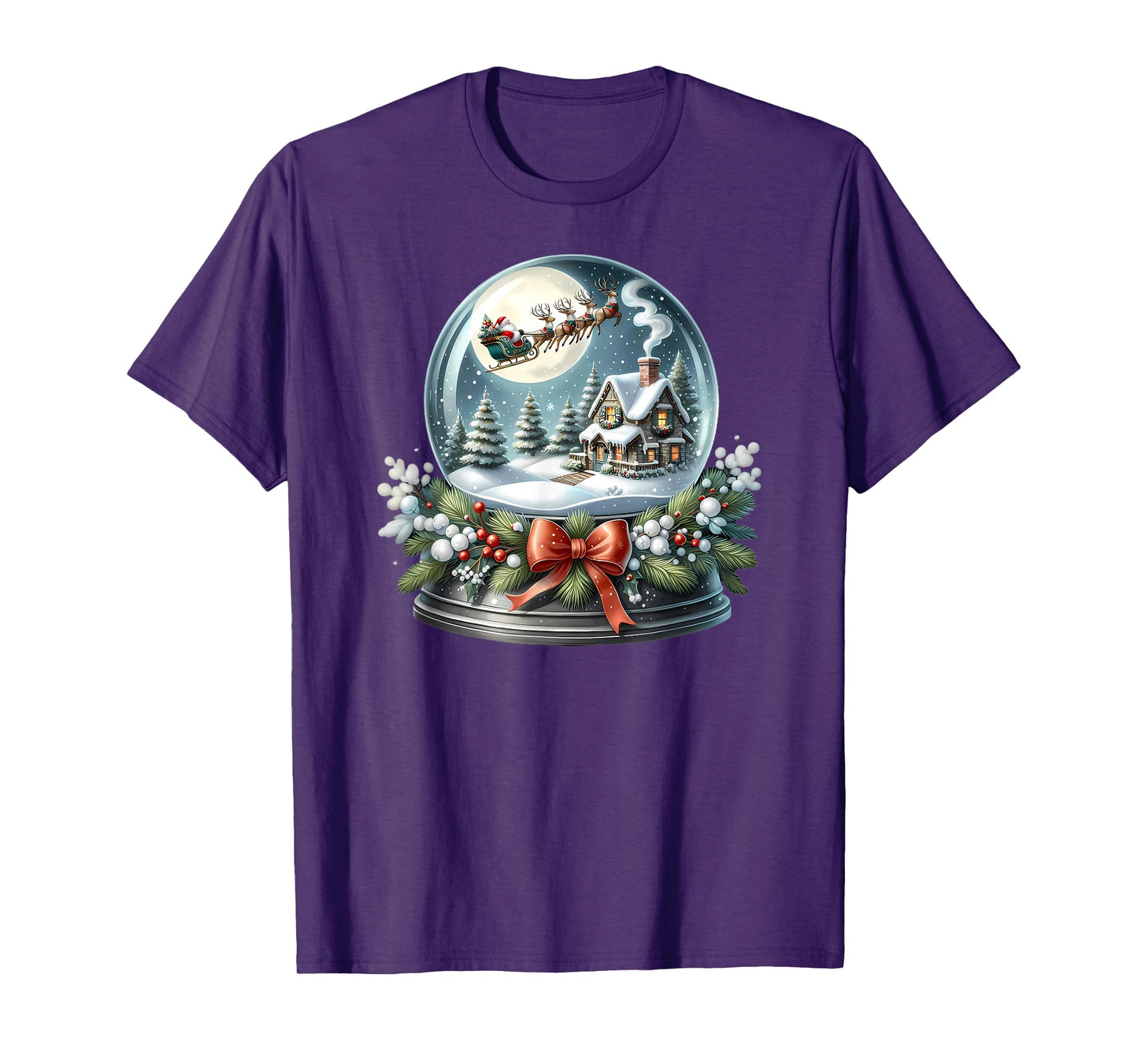 Santa Sleigh Over Cozy Snow Globe Scene T-Shirt